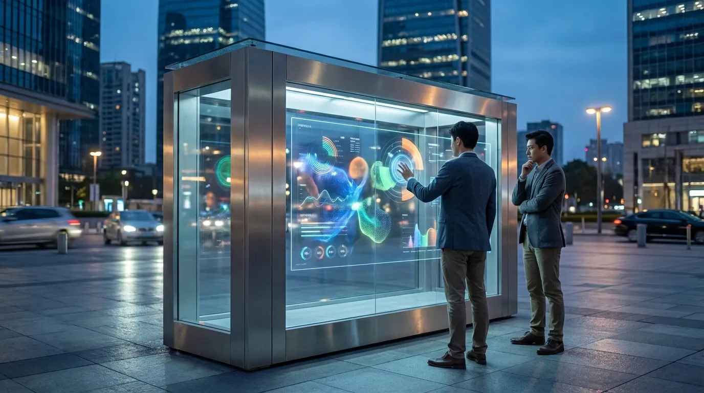 Deux hommes interagissent avec un grand écran tactile transparent affichant des visualisations de données marketing en milieu urbain nocturne.