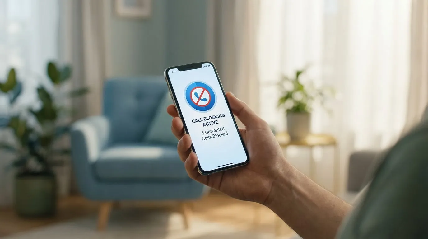 Main tenant un smartphone avec écran affichant « CALL BLOCKING ACTIVE » et « 6 Unwanted Calls Blocked », dans un salon flou.