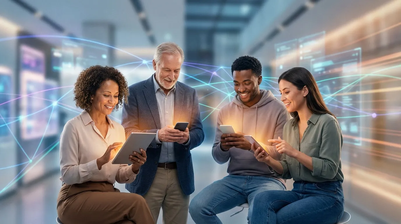 Quatre personnes d'âges et d'ethnies variés interagissent avec des appareils connectés, symbolisant l'engagement social et numérique.