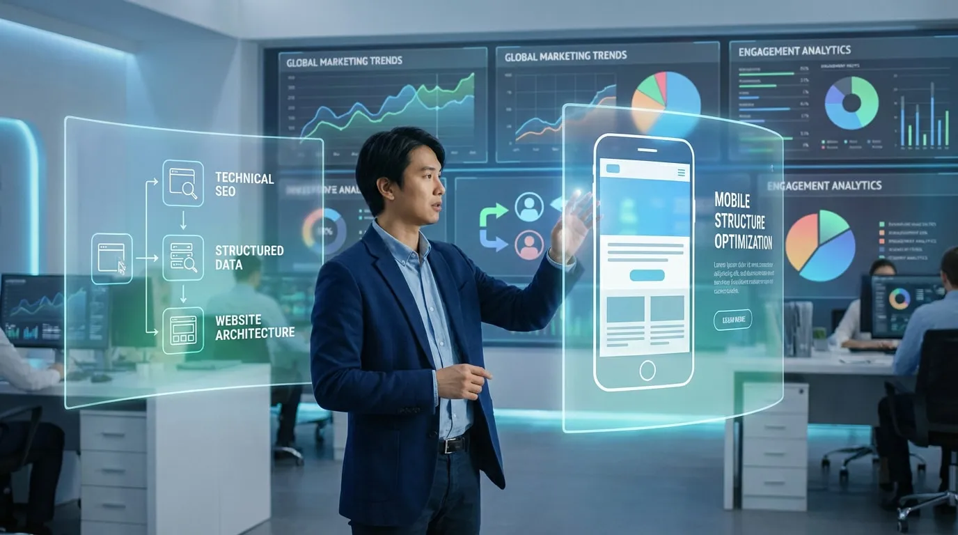 Homme interagissant avec écrans holographiques affichant SEO, données structurées et optimisation mobile en bureau marketing.