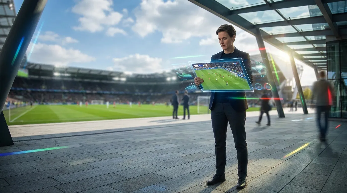 Une personne observe un match de football en direct sur une tablette holographique, avec des données d'analyse, devant un stade.