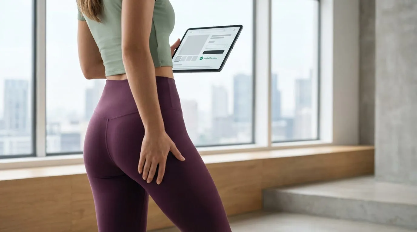 Woman in deep plum leggings and sage top, touching fabric, holding a tablet with a "Verified Purchase" screen in a bright studio.