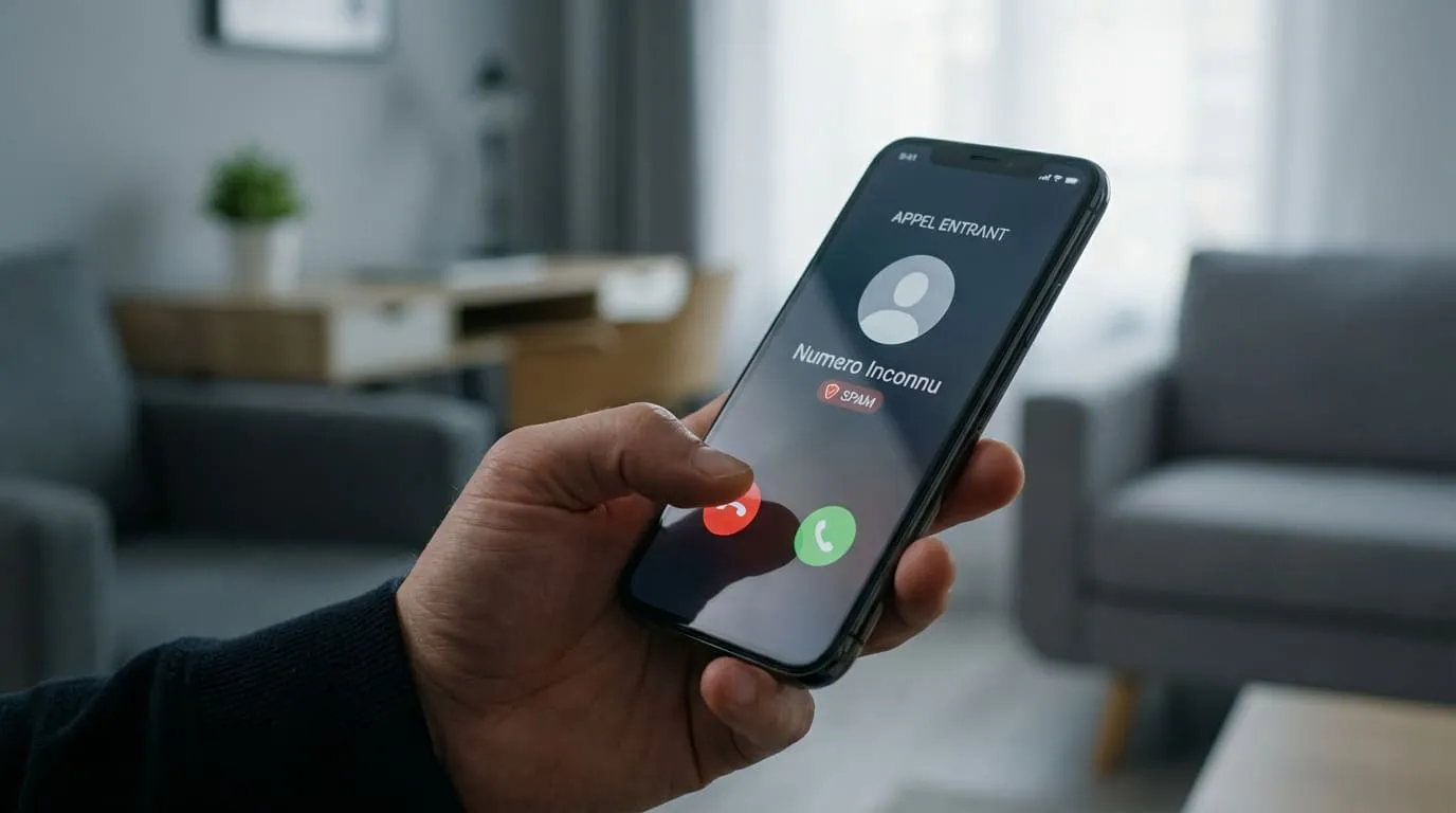 Main tenant un smartphone affichant un appel spam ('Numero Inconnu'), le doigt près du bouton de rejet. Arrière-plan flou d'intérieur moderne.
