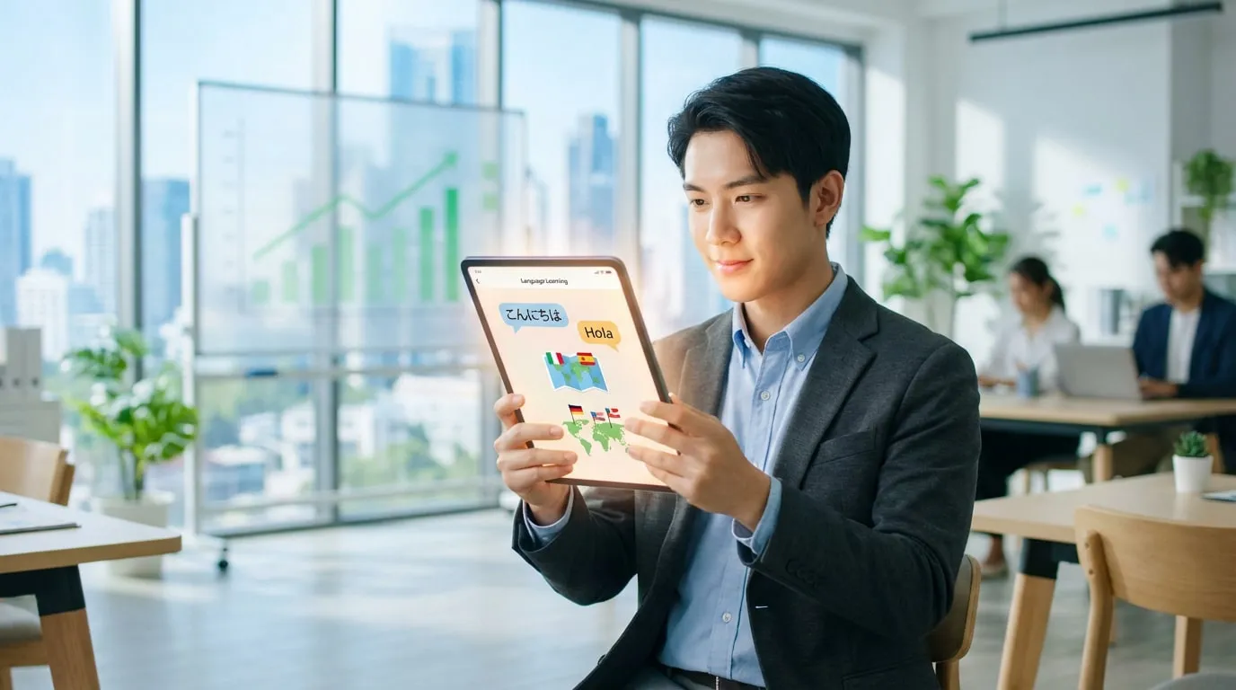 Jeune homme utilise une tablette lumineuse pour apprendre des langues. L'écran affiche "Hola", "こんにちわ" et des drapeaux. Bureau moderne avec vue sur la ville.