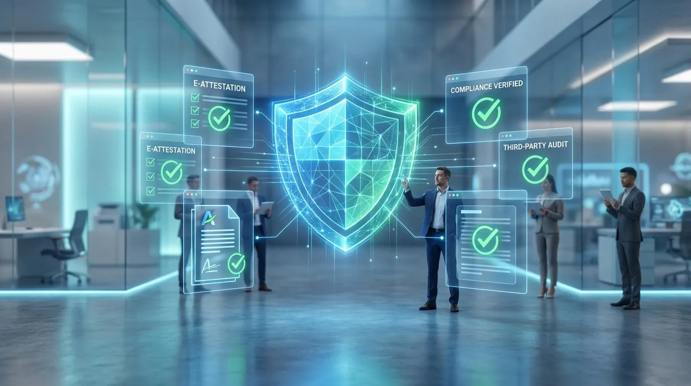 Professionnels dans un bureau moderne interagissant avec des hologrammes de conformité numérique et de bouclier de sécurité.