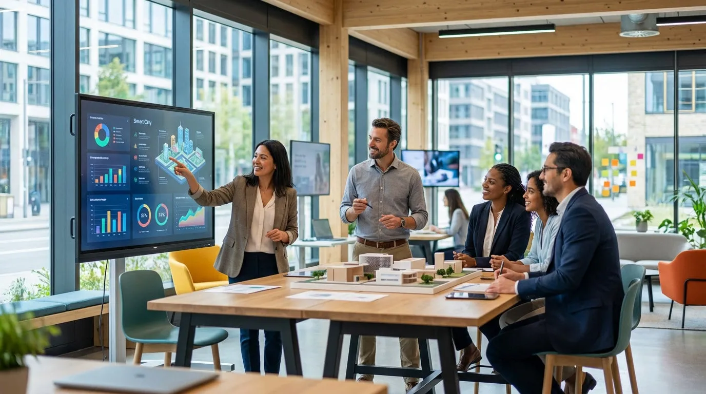 Diverse team in a modern office, discussing smart city plans. A woman points at a digital screen with data, while others view an urban model.