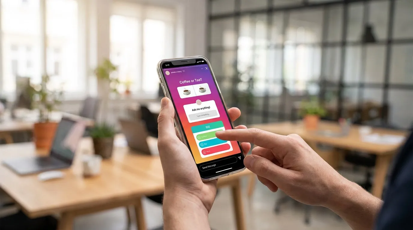 Une personne utilisant un smartphone pour interagir avec un sondage dans une story Instagram dans un bureau.