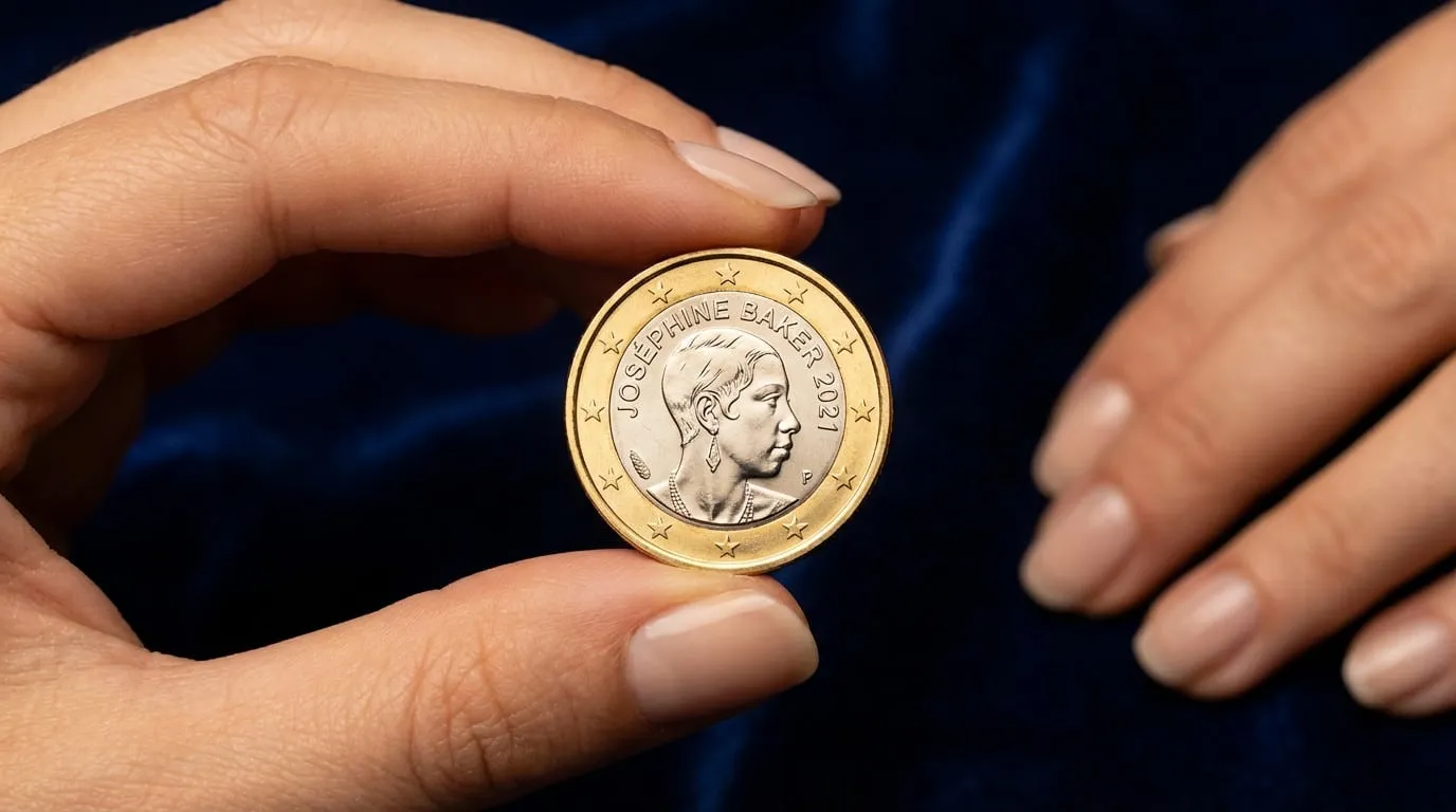 Hands present a detailed Joséphine Baker commemorative euro coin, its metallic luster glowing against a blurred blue velvet.
