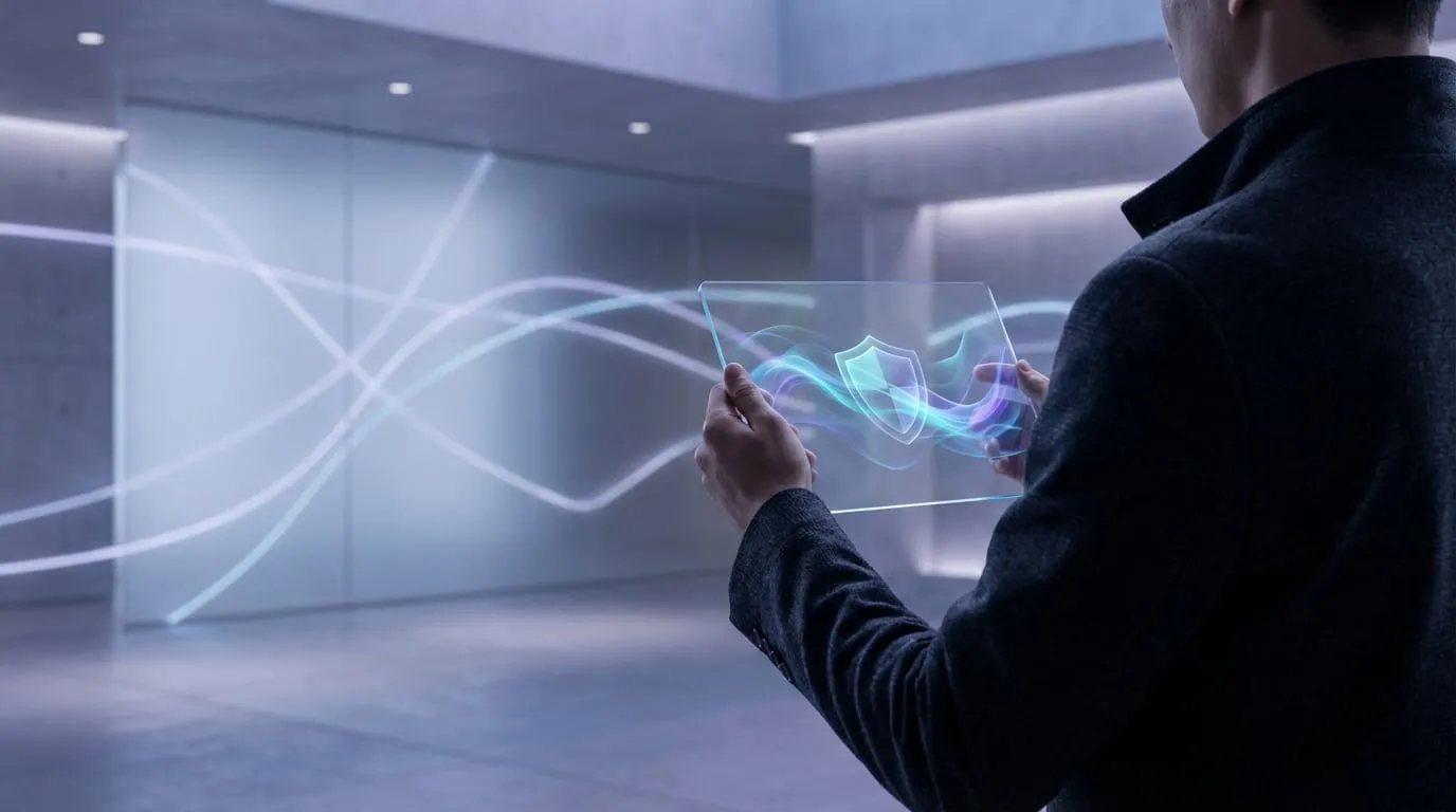 Un homme tient une tablette transparente affichant un bouclier de sécurité lumineux et des flux de données. Environnement futuriste.