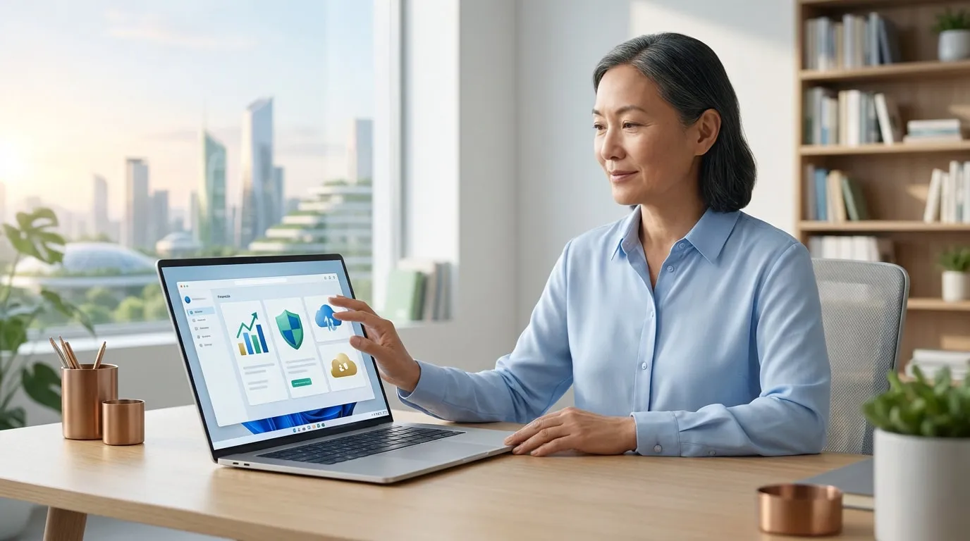 Femme asiatique utilise un laptop pour gérer son compte en ligne. L'écran affiche un tableau de bord avec icônes de données, sécurité et cloud, dans un bureau moderne.