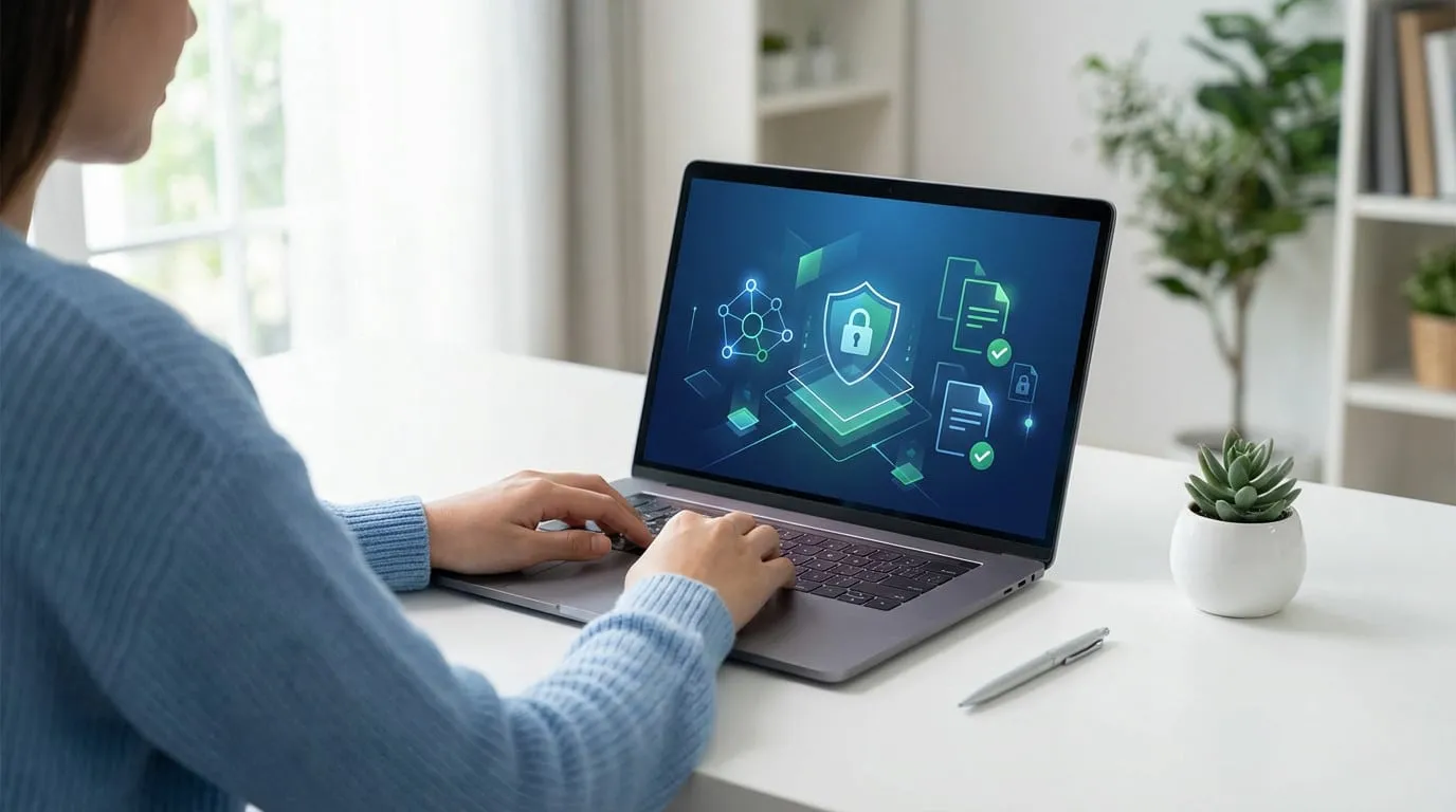 Rear view of person typing on laptop showing secure digital interface with lock and checkmark icons, in a bright, minimalist office.