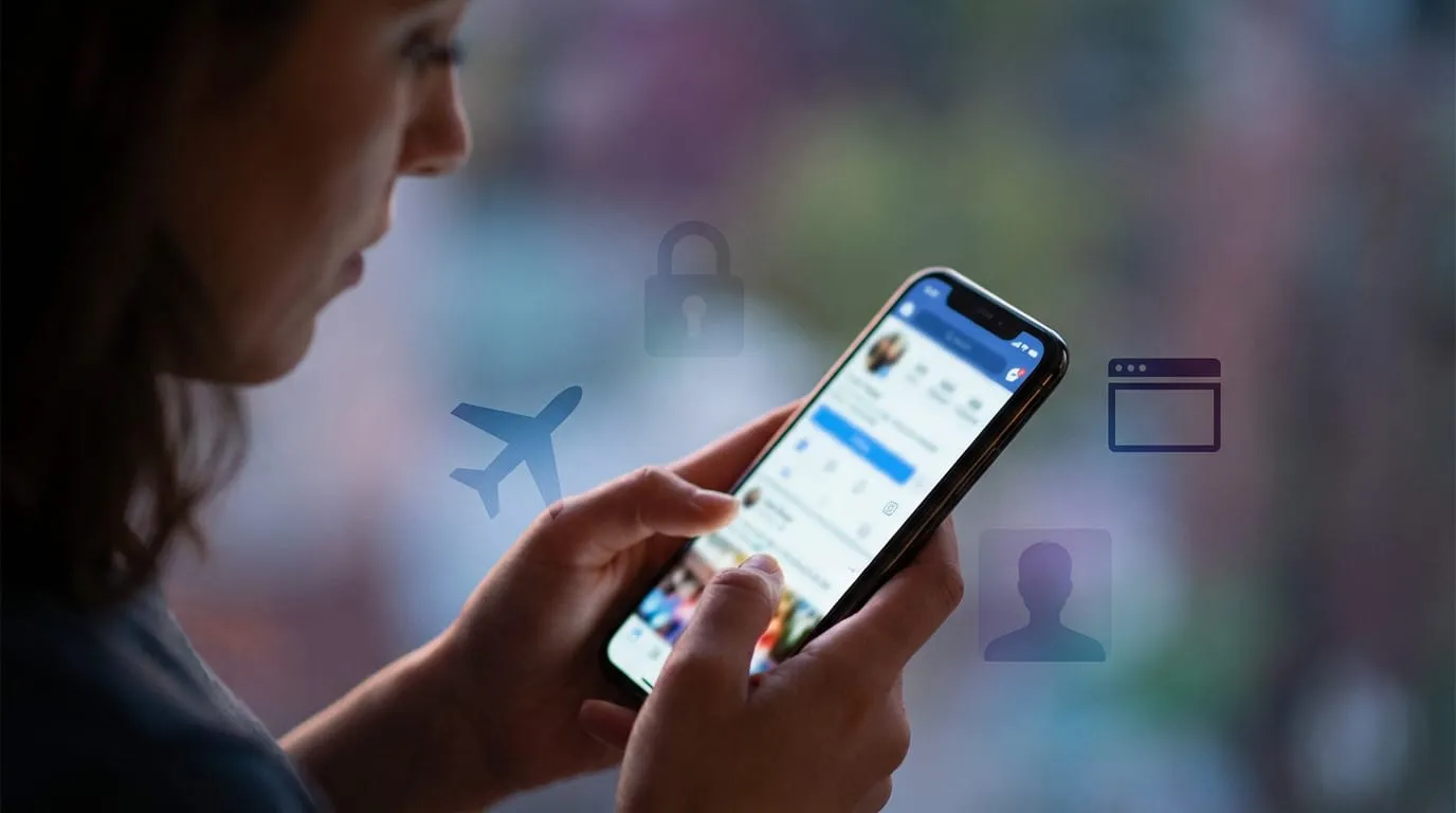 Figure uses smartphone with social media. Icons for airplane, browser, profile, padlock. Highlights digital privacy and anonymity.