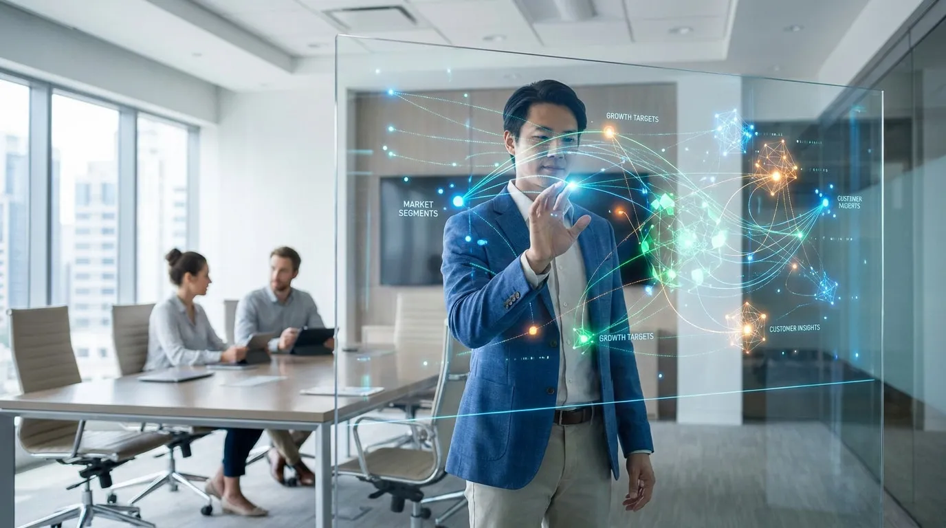 Un professionnel analyse des données marketing interactives sur un écran en verre dans un bureau moderne.