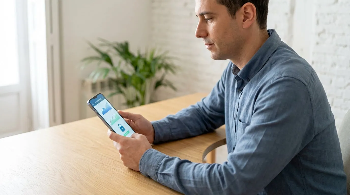 Man in blue shirt, focused, using a smartphone with a generic online banking app showing graphs and a padlock icon, at a wooden desk in a bright home.