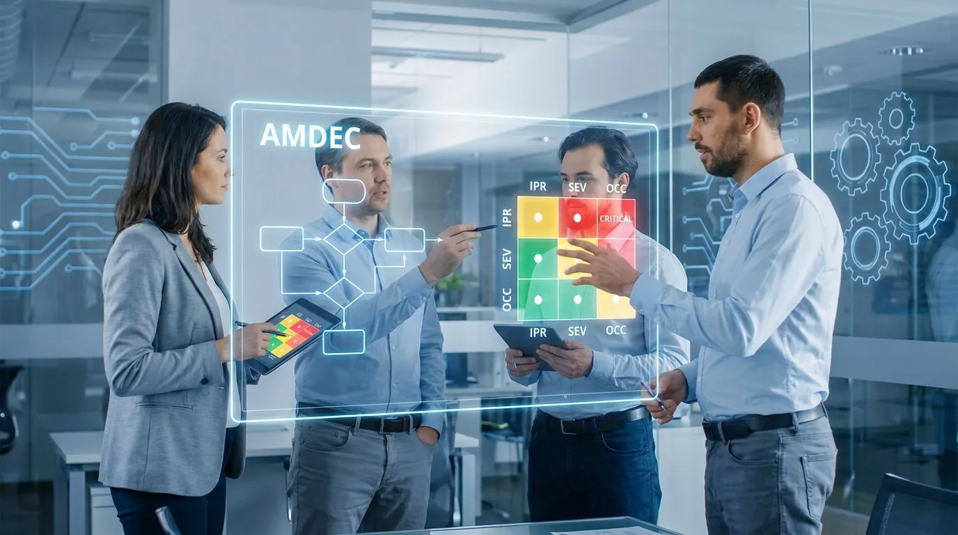 Équipe travaillant sur une interface numérique holographique illustrant la méthode AMDEC pour l'analyse de risques.