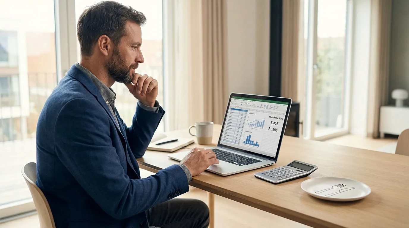 Homme concentré sur un ordinateur portable affichant des déductions de repas. Une calculatrice est sur la table.
