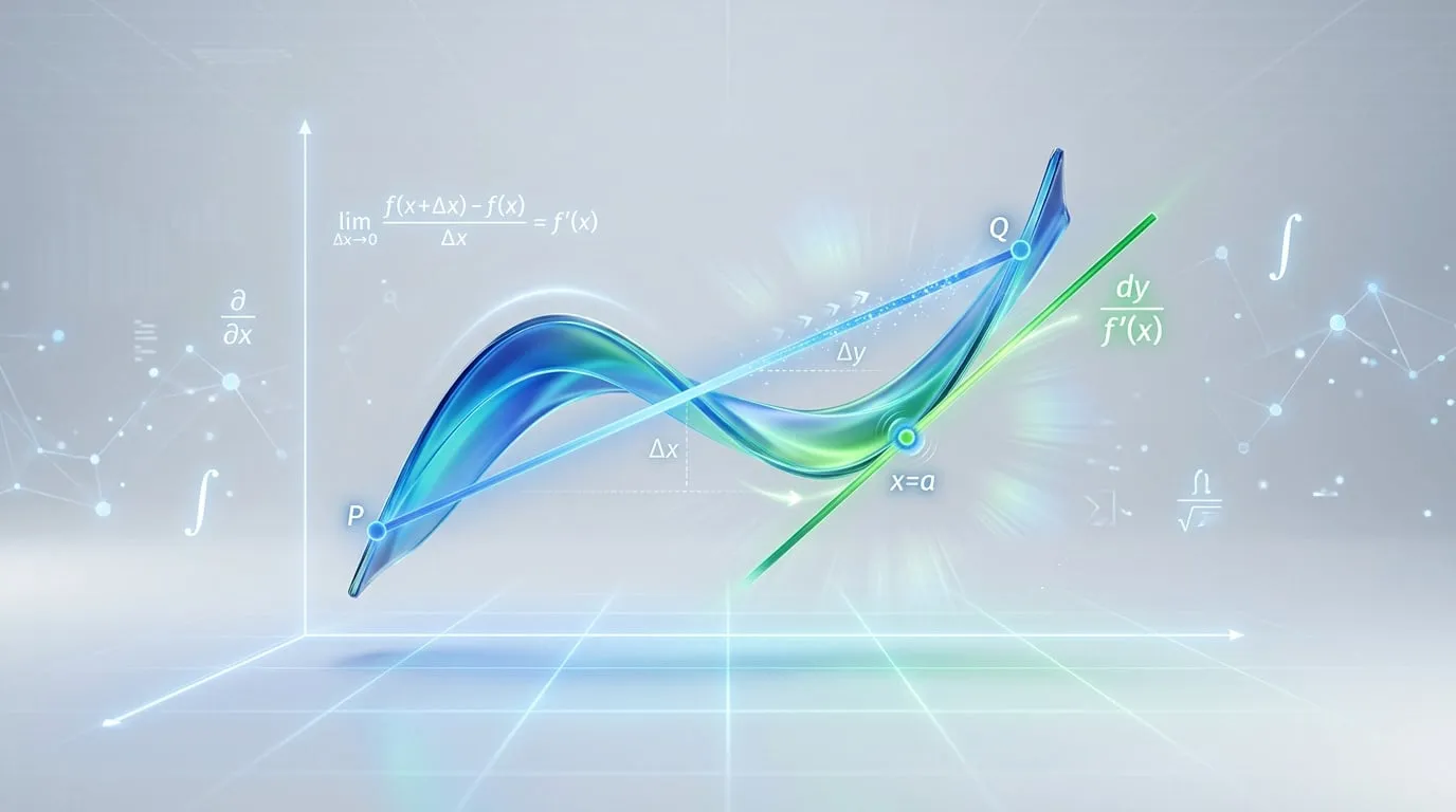 Graphique 3D abstrait illustrant le calcul d'une dérivée avec des formules mathématiques sur un fond numérique.