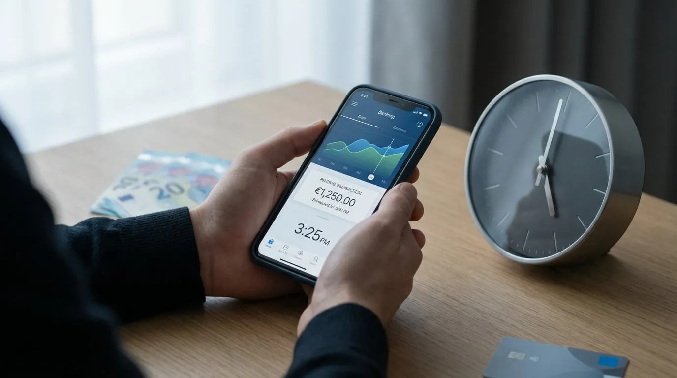 Hands hold smartphone with banking app showing pending €1250 transaction at 3:25 PM. Analog clock, euros, and bank card on desk.