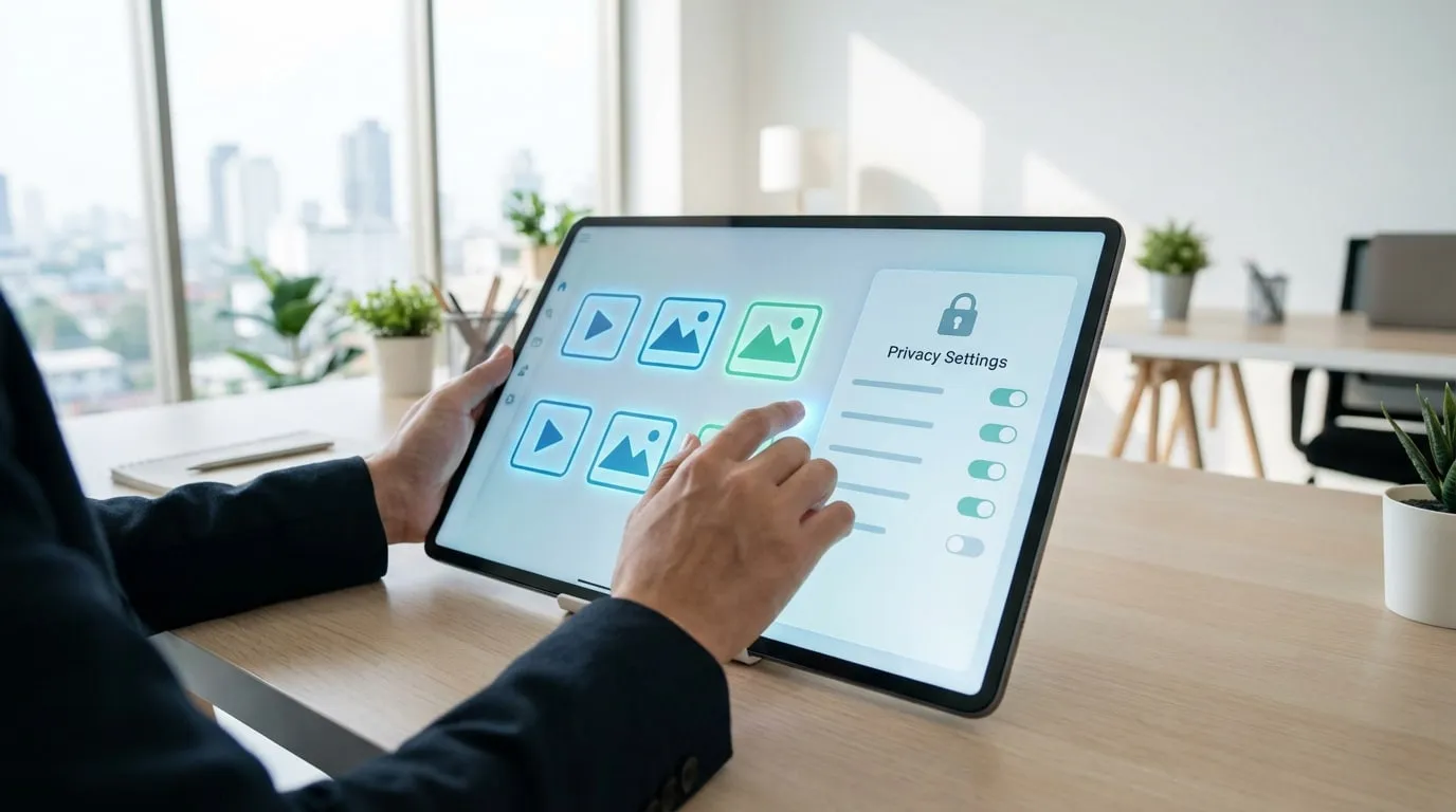 Une personne utilise une tablette affichant une interface de gestion de fichiers avec des icônes de contenu et des réglages de confidentialité.