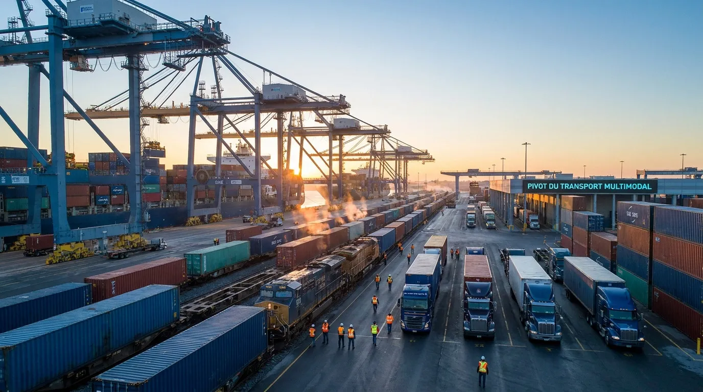 Vue aérienne d'un terminal de fret avec train, camions et grues portuaires au coucher du soleil.