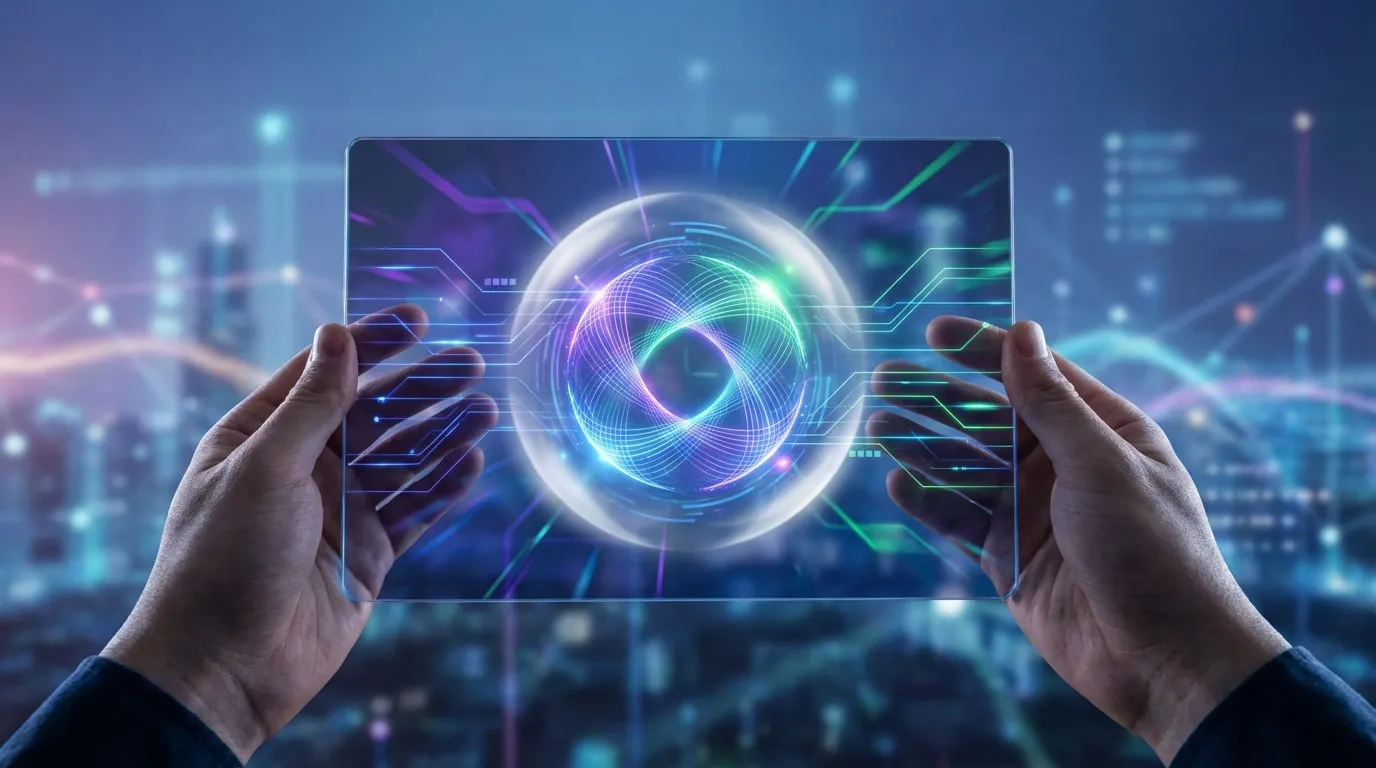 Deux mains tiennent une tablette transparente affichant un globe lumineux et des circuits numériques. Contexte de réseau technologique futuriste.