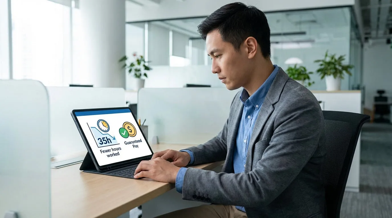 A professional man intently views a tablet in a modern office, showing "35h Fewer hours worked" and "Guaranteed Pay" with a green checkmark.