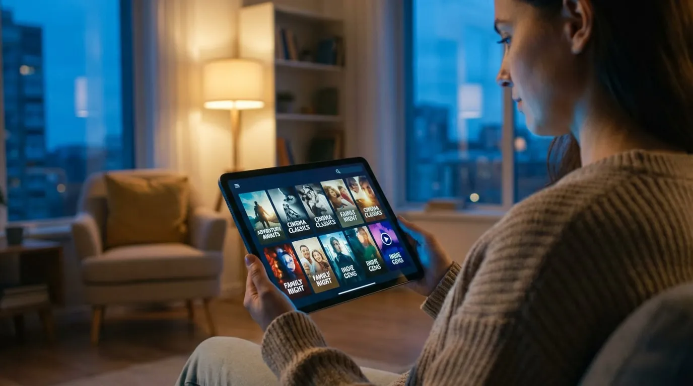 Femme sur canapé regardant un service de streaming sur tablette dans un salon cosy et éclairé