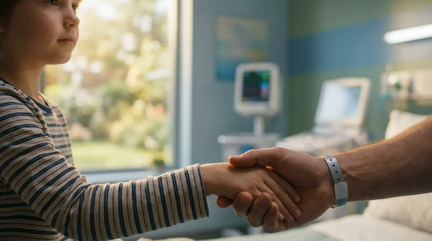 Un enfant tient la main d'un adulte dans une chambre d'hôpital, symbolisant le soutien médical.