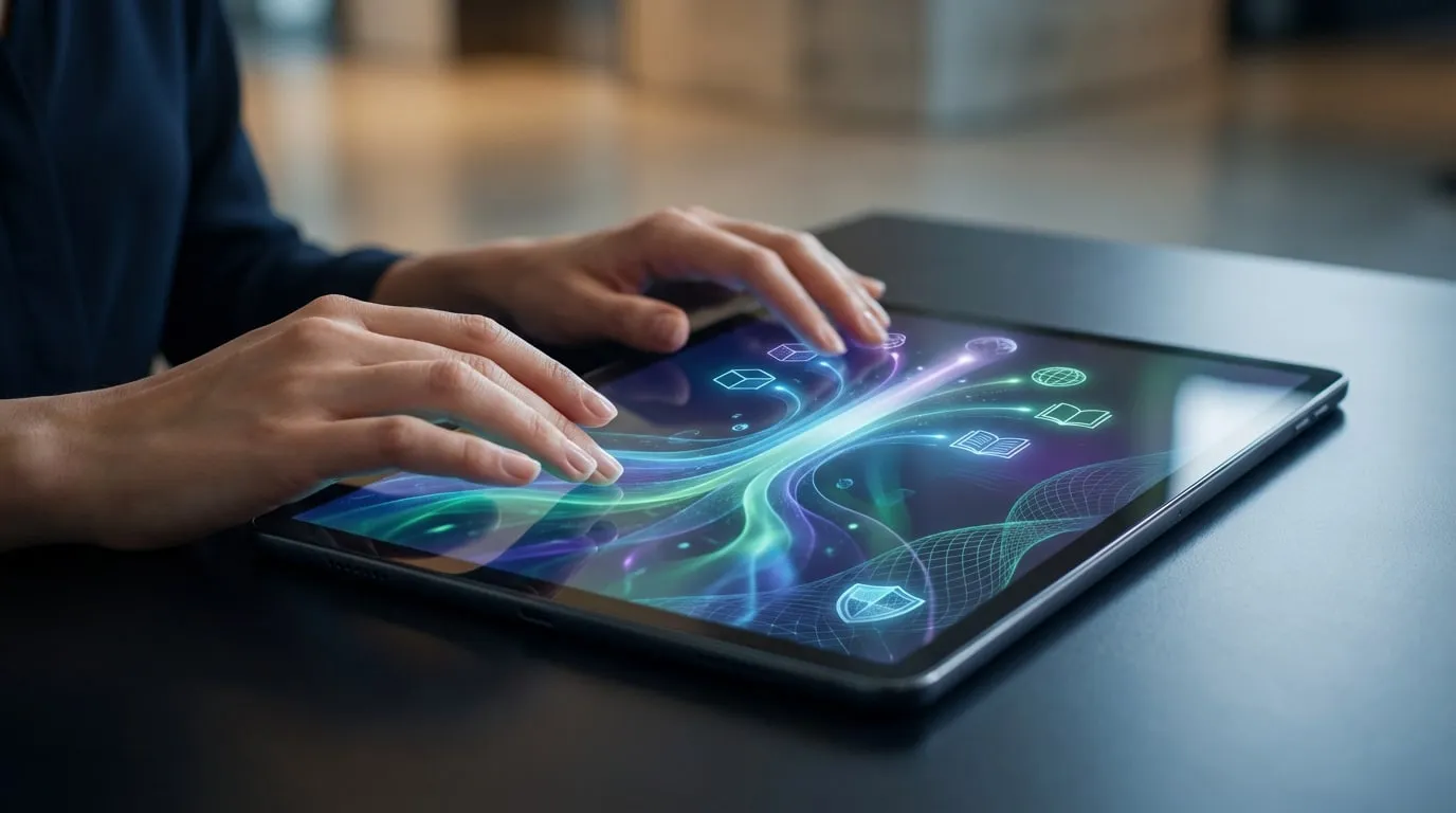 Deux mains interagissent avec une tablette lumineuse affichant des icônes numériques abstraites pour données, savoir et sécurité.