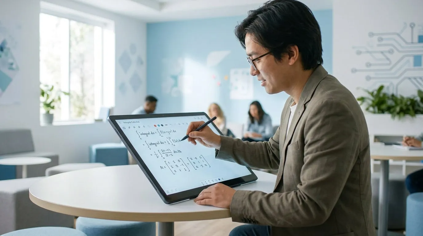 Un homme écrit des équations mathématiques complexes sur une tablette numérique avec un stylet dans un espace de travail.