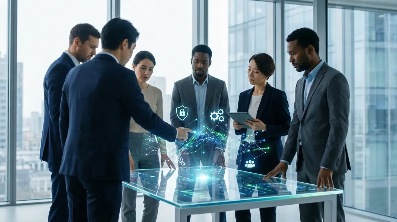 Diverse professionals analyze holographic data on a sleek table in a modern office, one pointing, another holding a tablet.