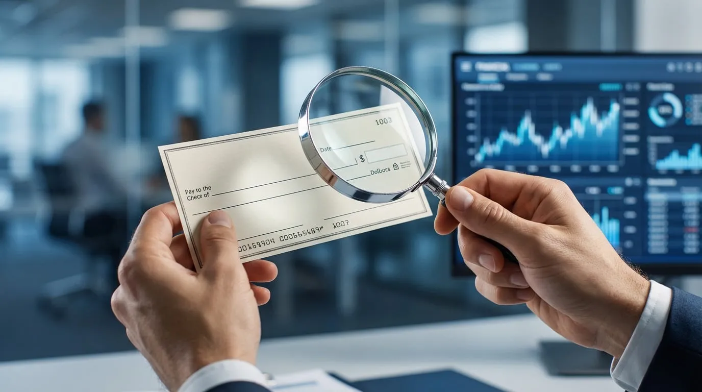 Professional hands meticulously examine a bank check with a magnifying glass, blurred financial data screen in background.