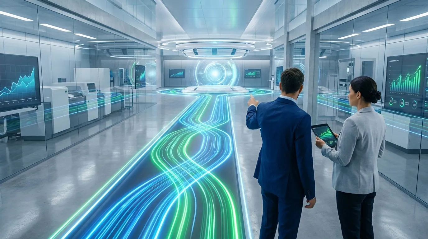 Deux professionnels en costume analysant des données numériques dans un laboratoire futuriste high-tech.