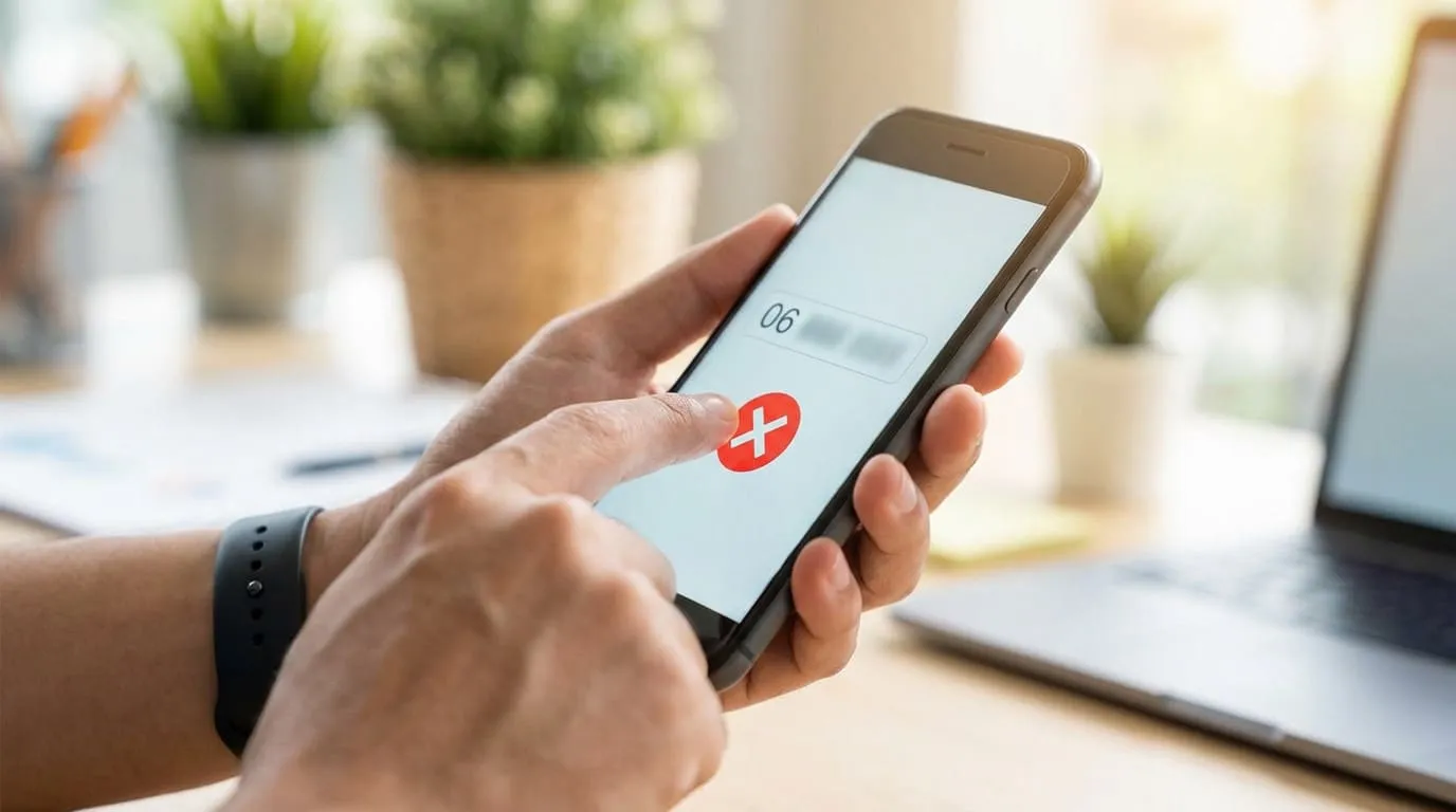 Close-up of a hand tapping a smartphone screen. A red warning 'block' symbol is visible over a blurred '06' phone number. Modern, blurred indoor background.
