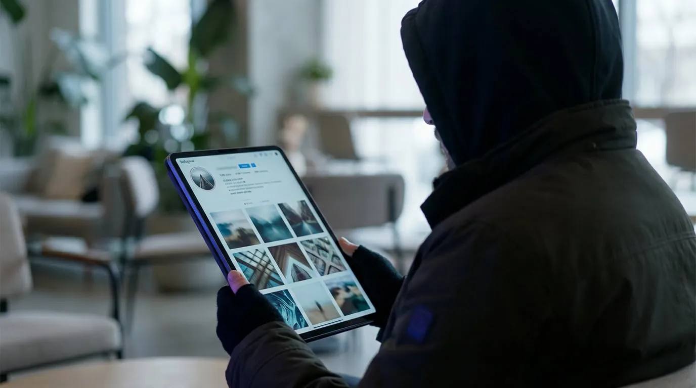 Personne anonyme en capuche et gants consulte un profil Instagram sur tablette. L'écran montre une galerie d'images. Ambiance moderne.