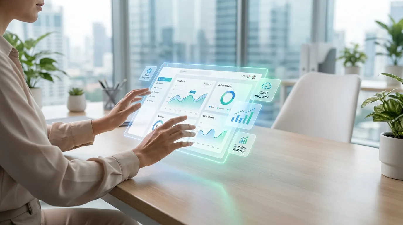 Une personne utilise une interface numérique holographique affichant des graphiques et des données dans un bureau.