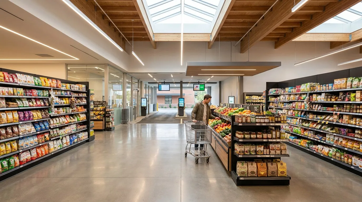 Un client fait ses courses dans un supermarché lumineux avec des rayons bien organisés sous un toit en bois.
