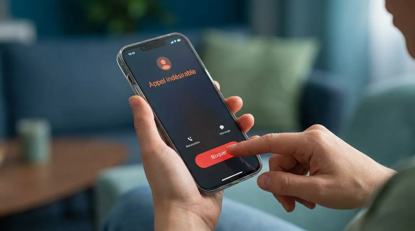 Gros plan sur des mains bloquant un appel indésirable sur un smartphone. L'écran affiche "Appel indésirable" et un bouton "Bloquer" rouge.