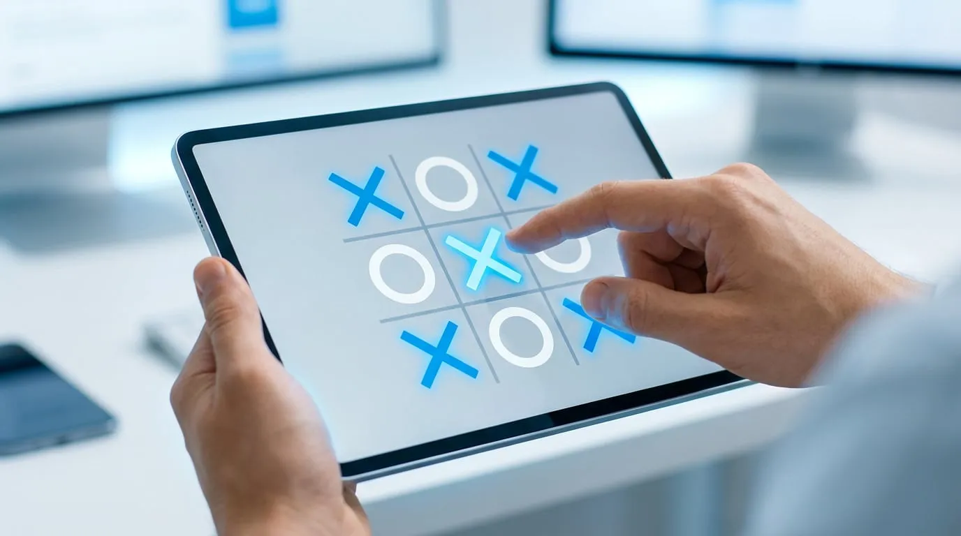 Main tenant une tablette affichant le jeu de morpion (tic-tac-toe) de Google. Un doigt touche un X bleu lumineux sur l'écran.