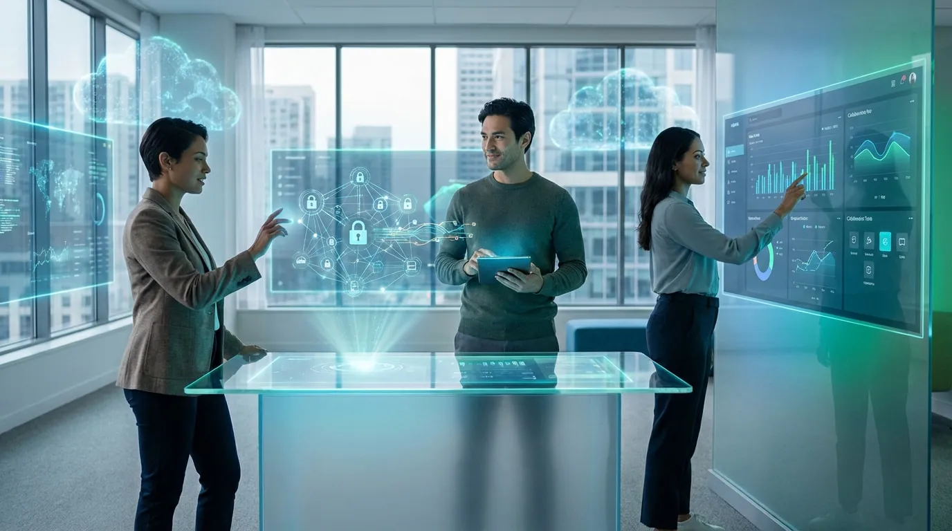 Trois professionnels interagissent avec des interfaces holographiques futuristes, affichant des données, des icônes de cloud et de sécurité, dans un bureau moderne.