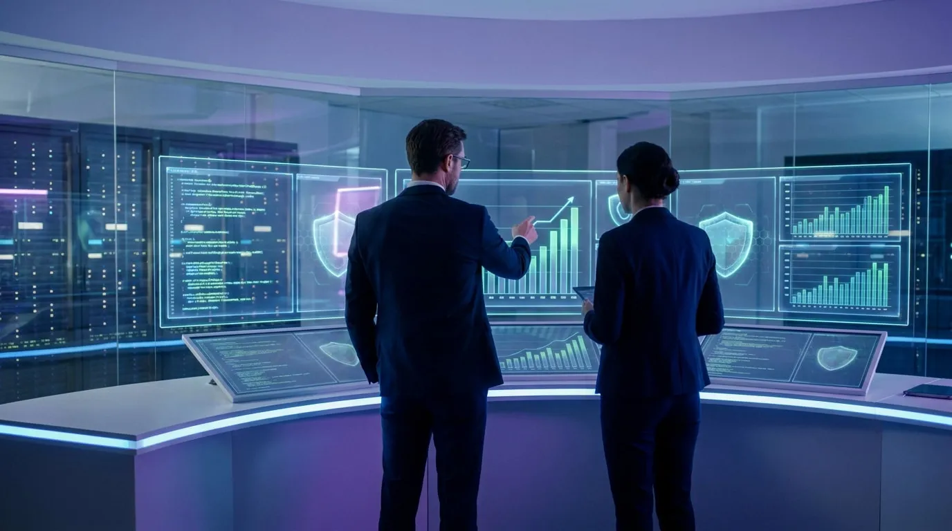 Deux professionnels analysant des données et graphiques sur des écrans numériques dans une salle de contrôle informatique.