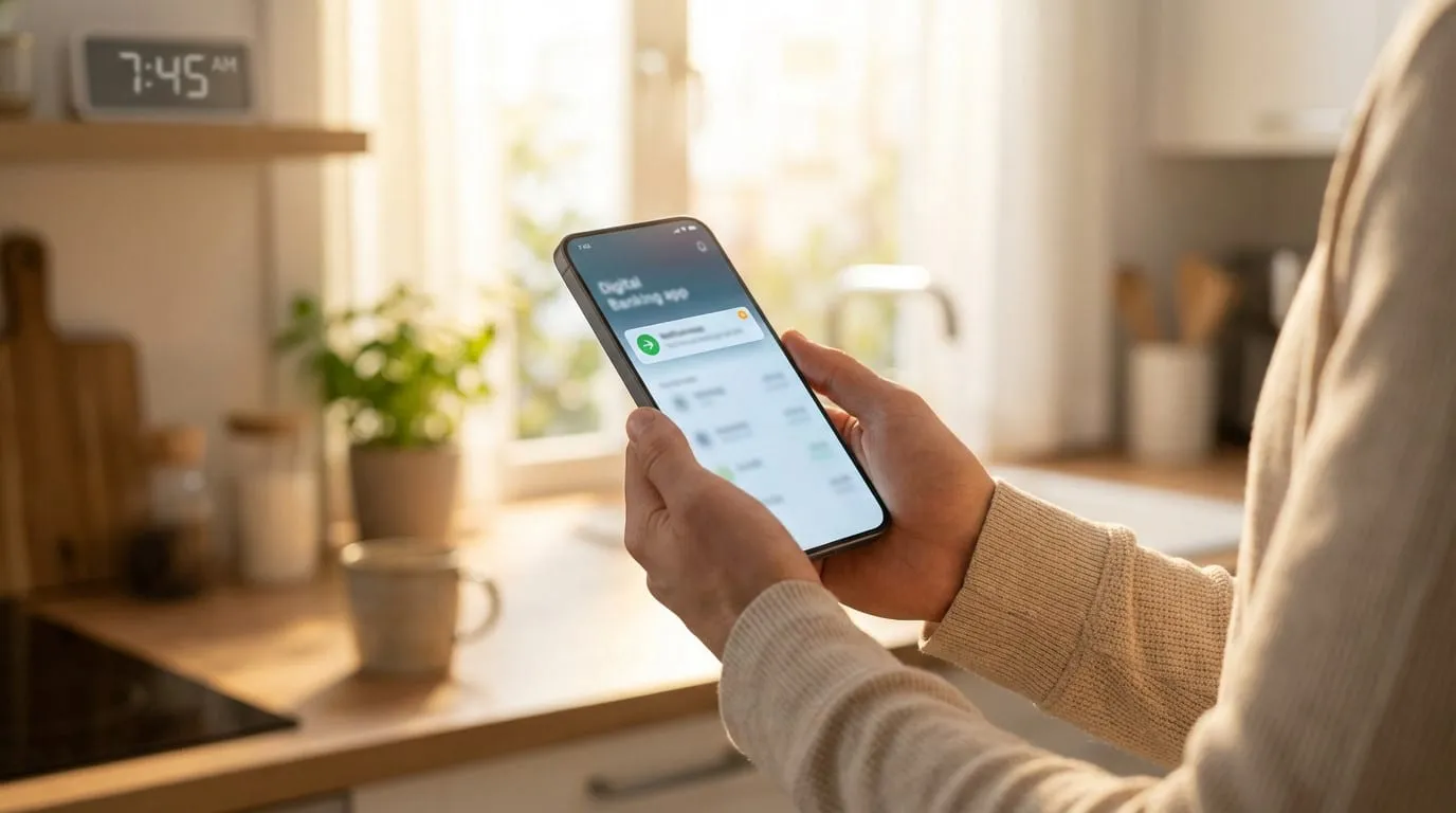 Hands holding a smartphone showing a digital banking app with a notification, bathed in warm morning light in a modern kitchen.