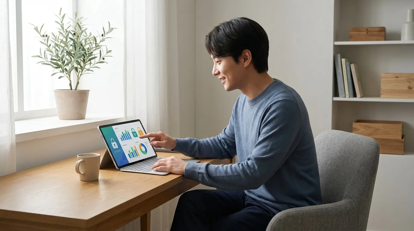 Un homme souriant gère son compte bancaire en ligne sur une tablette, affichant des icônes de cadenas et des graphiques. Lumière naturelle.