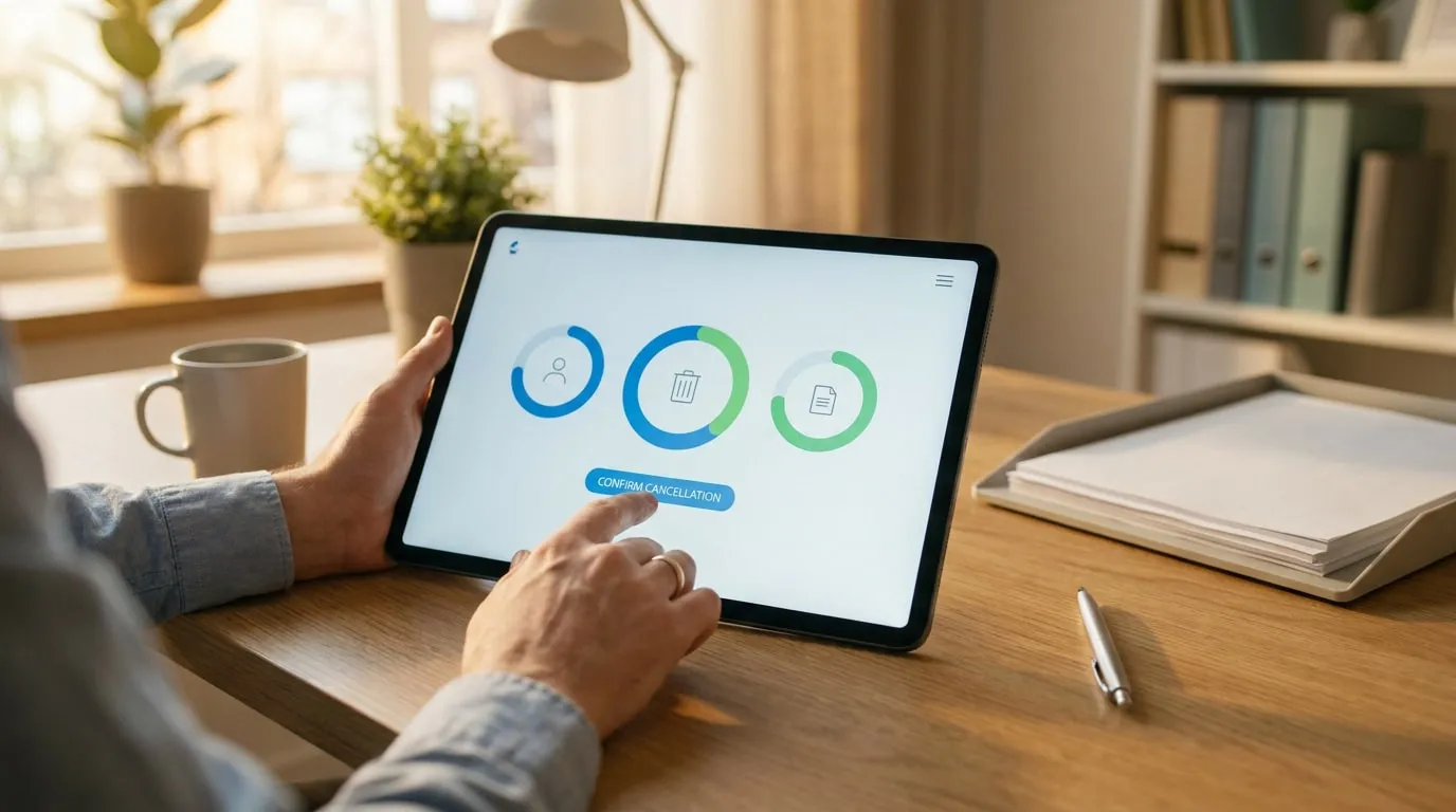 Une personne appuie sur le bouton Confirmer l'annulation sur une tablette numérique au bureau.