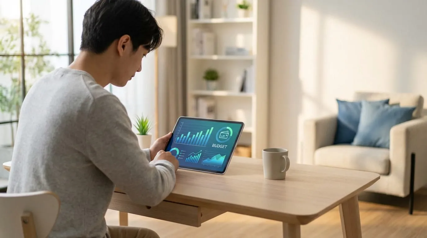 Figure in grey sweater reviews financial data on a tablet at a modern wooden desk in a warm, contemporary living space.