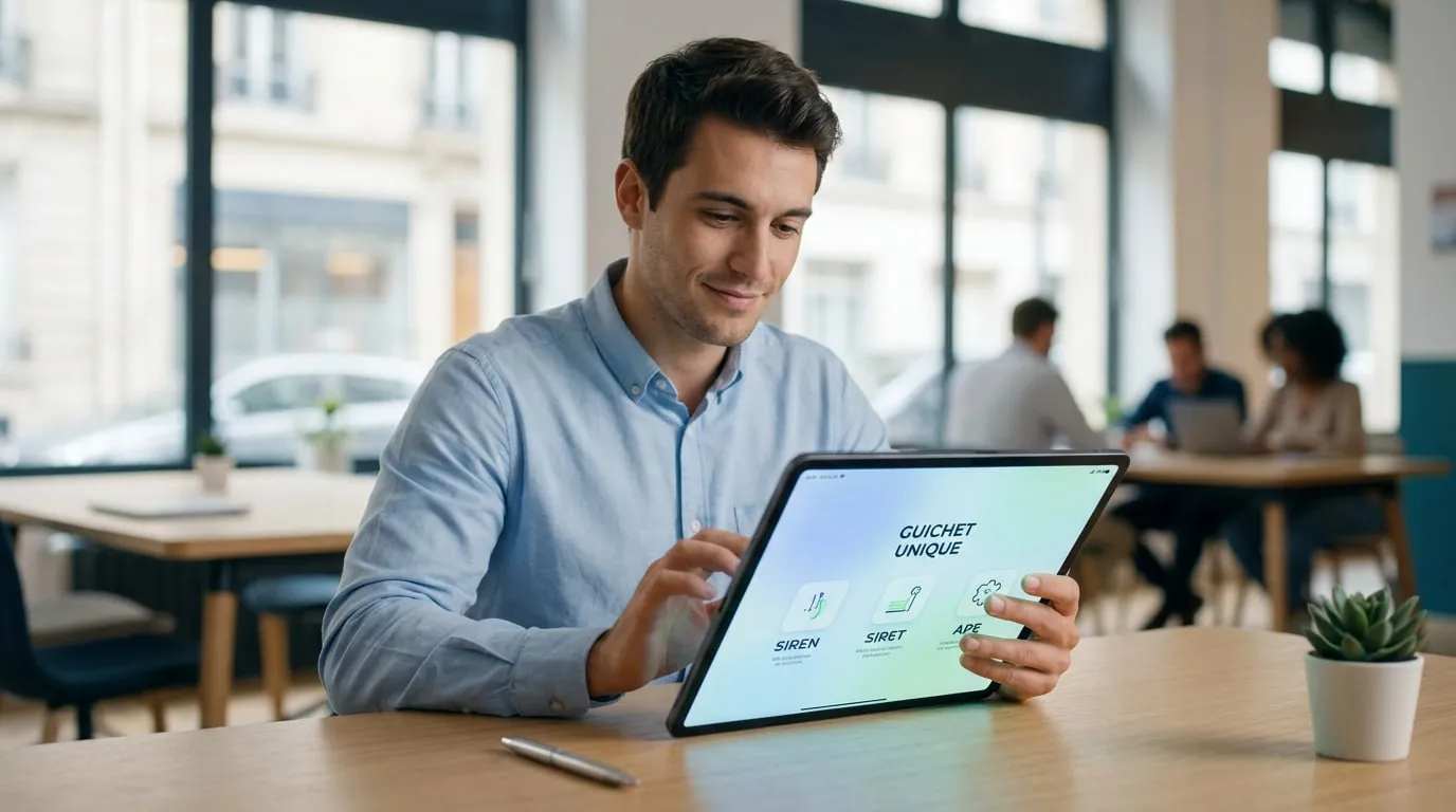 Jeune homme souriant utilisant une tablette affichant le Guichet Unique pour les démarches SIREN, SIRET et APE, dans un bureau moderne.
