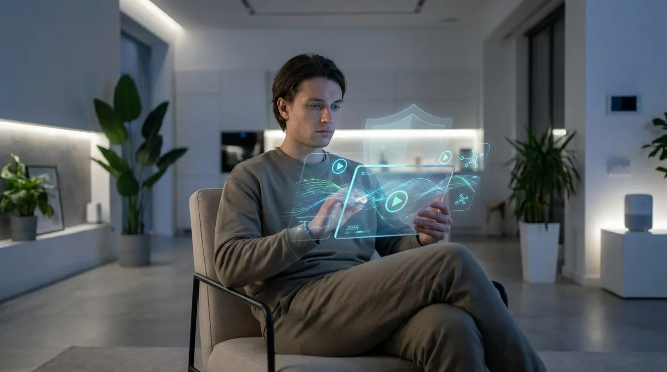 Jeune homme utilise une tablette transparente à interface holographique pour contrôler sa maison intelligente. Éclairage doux, design moderne.