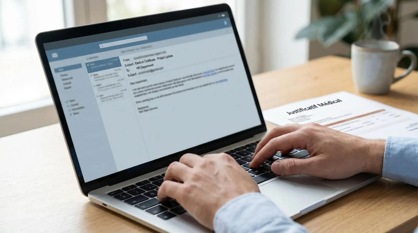 Close-up of hands typing a professional email on a laptop, sending a medical certificate to HR, with a medical justification document and a steaming mug on a wooden desk.