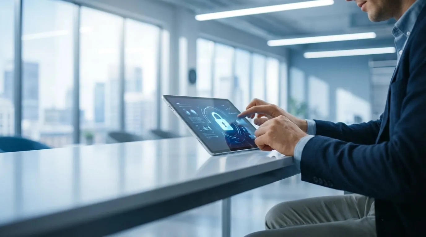 Un homme utilise une tablette dans un bureau moderne. L'écran affiche un cadenas lumineux, symbolisant la connexion sécurisée à l'intranet.