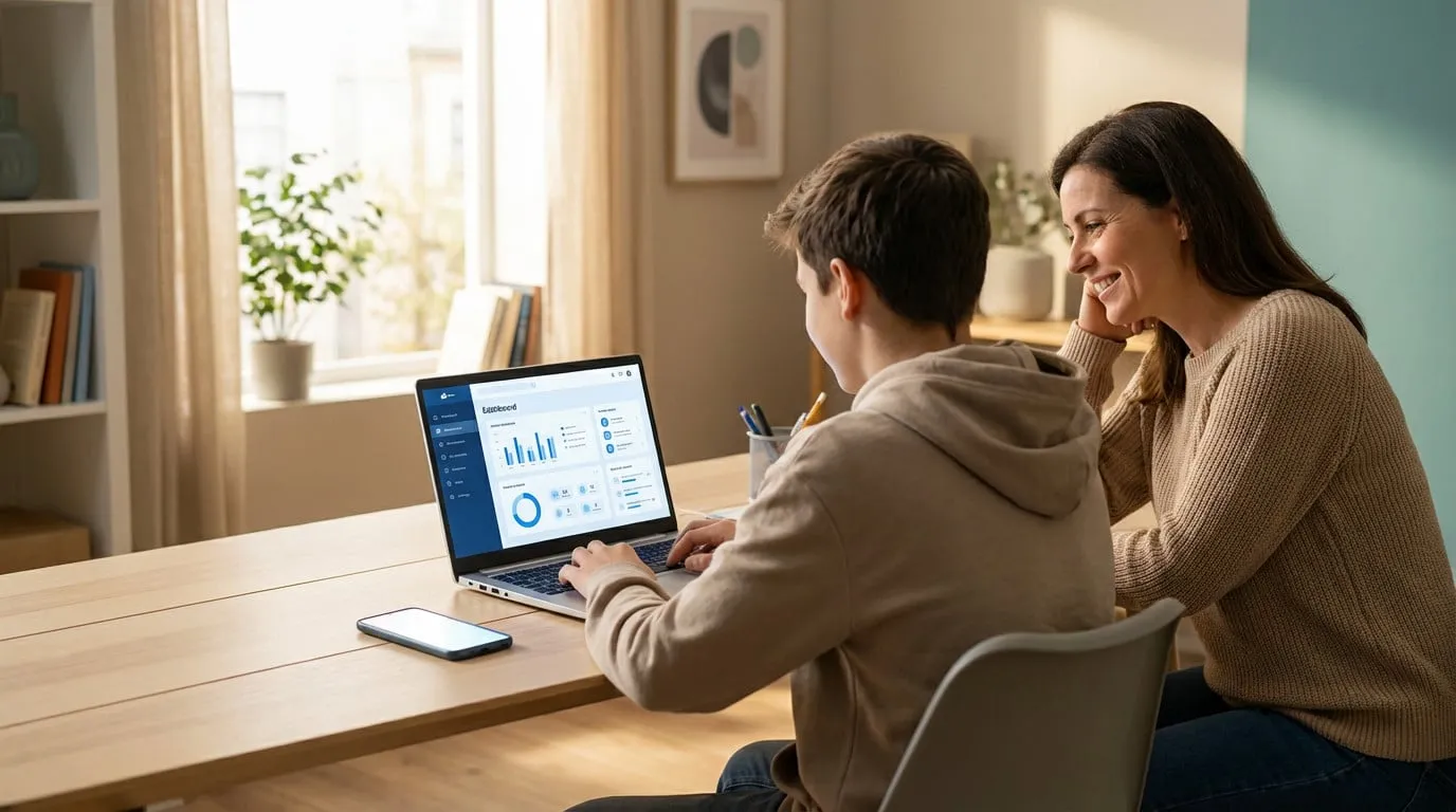 Student and adult at a bright modern desk, engaged with a laptop showing an educational dashboard. A smartphone sits nearby.
